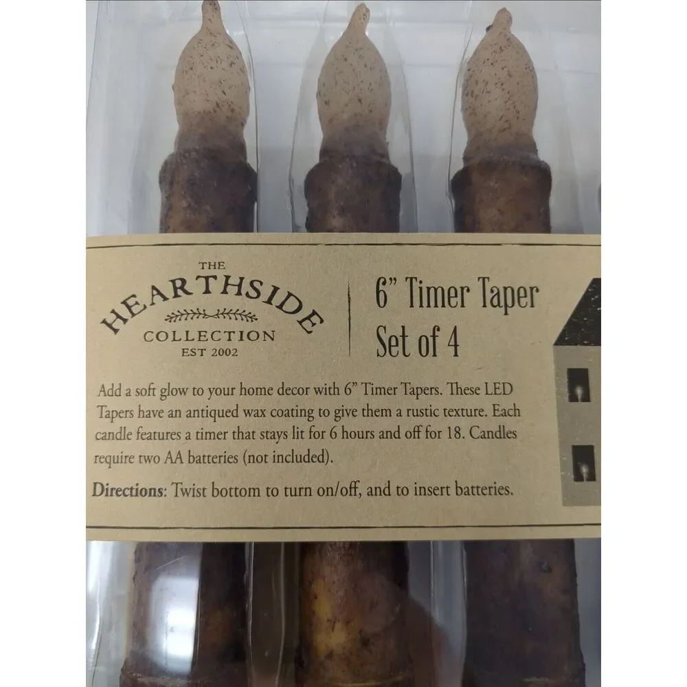 LED Burnt Mustard Battery Operated TIMER Taper 6 inch Candles Boxed‎ Set of 4